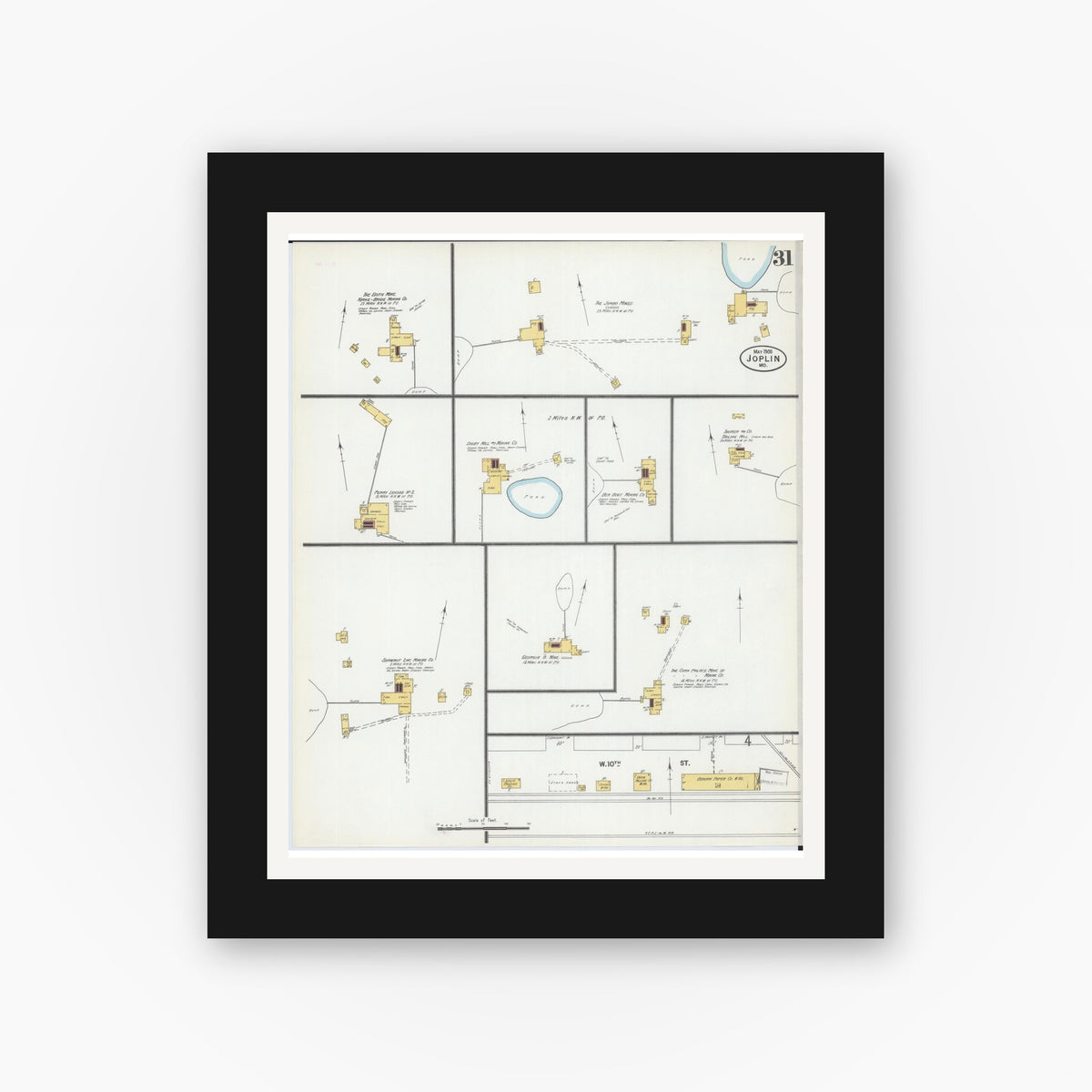 Old map wall art mockup — black gallery frame with white mat — Sanborn Fire Insurance Map from Joplin, Jasper County, Missouri (1900), Sheet #0031