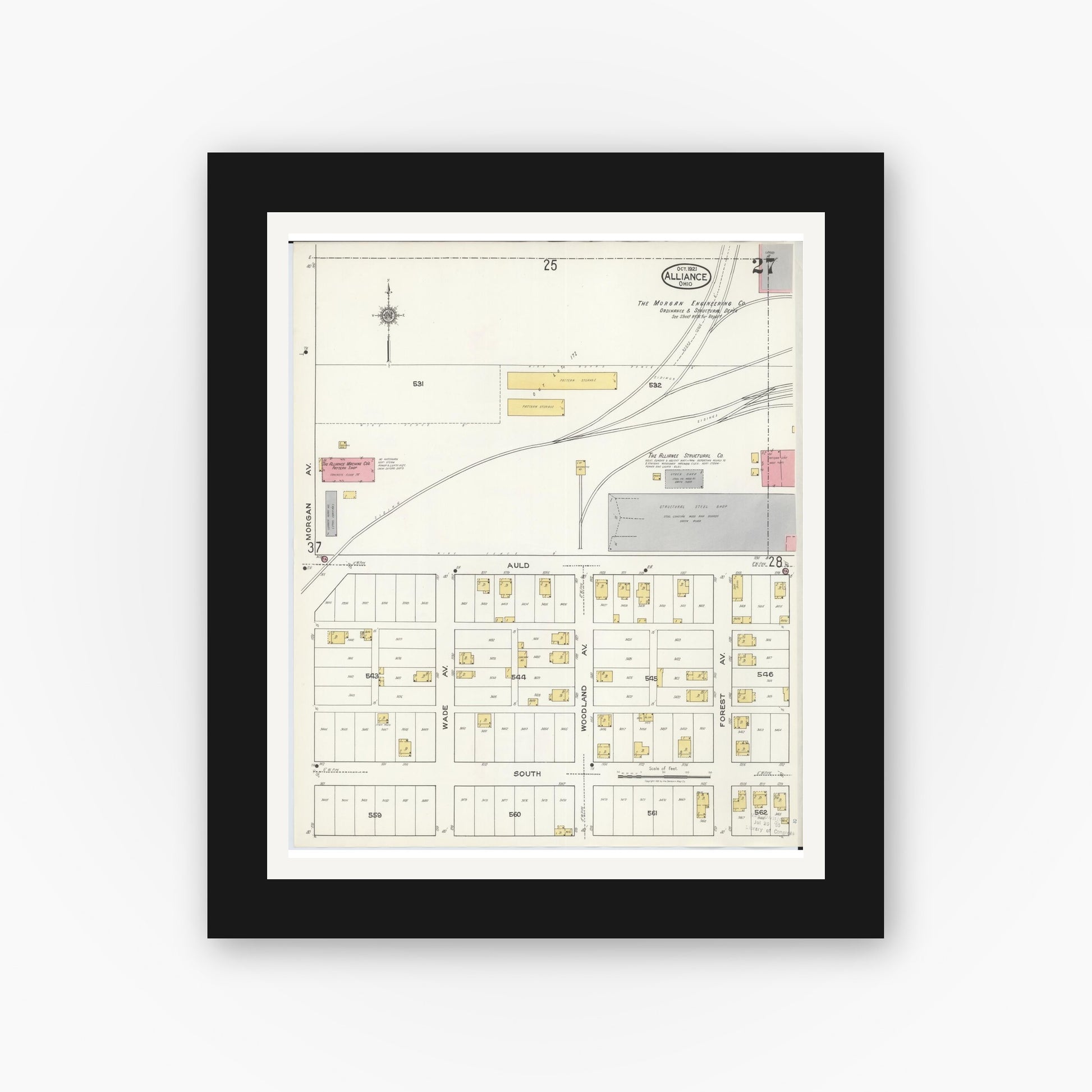 Old map wall art mockup — black gallery frame with white mat — Sanborn Fire Insurance Map from Alliance, Stark County, Ohio (1921), Sheet #0027