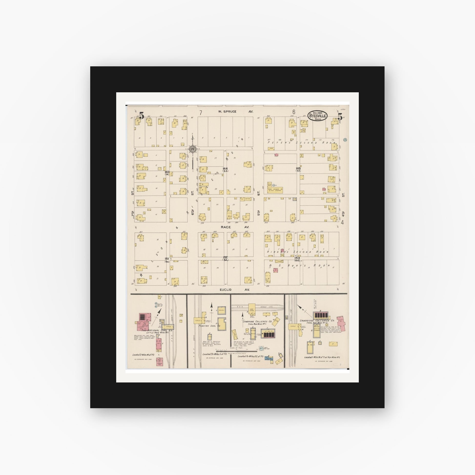 Old map wall art mockup — black gallery frame with white mat — Sanborn Fire Insurance Map from Byesville, Guernsey County, Ohio (1922), Sheet #0005