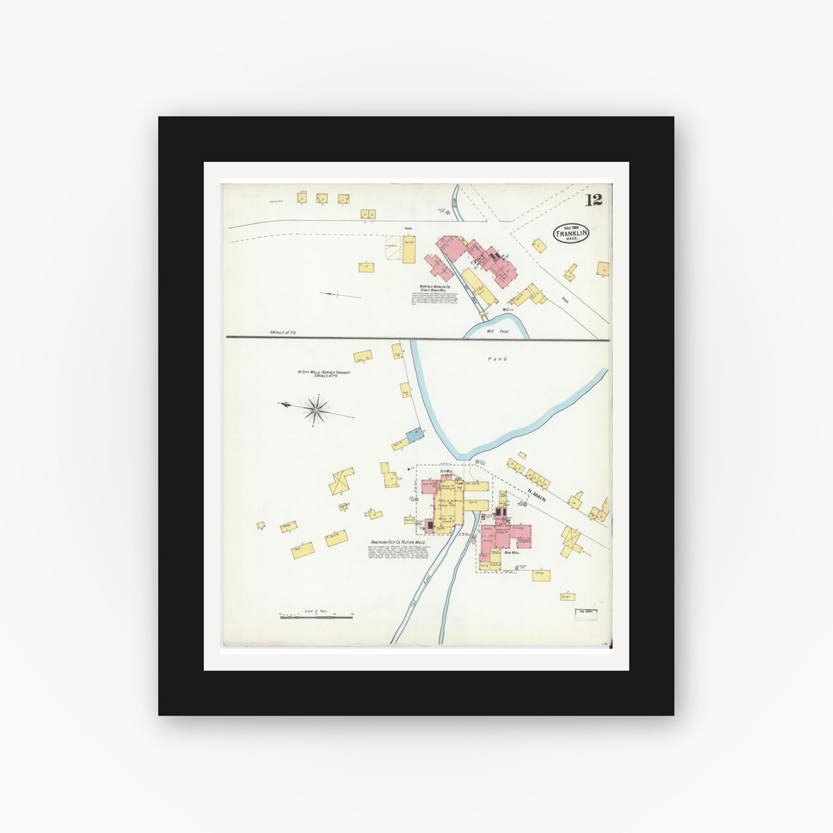 Old map wall art mockup — black gallery frame with white mat — Sanborn Fire Insurance Map from Franklin, Norfolk County, Massachusetts (1904), Sheet #0012