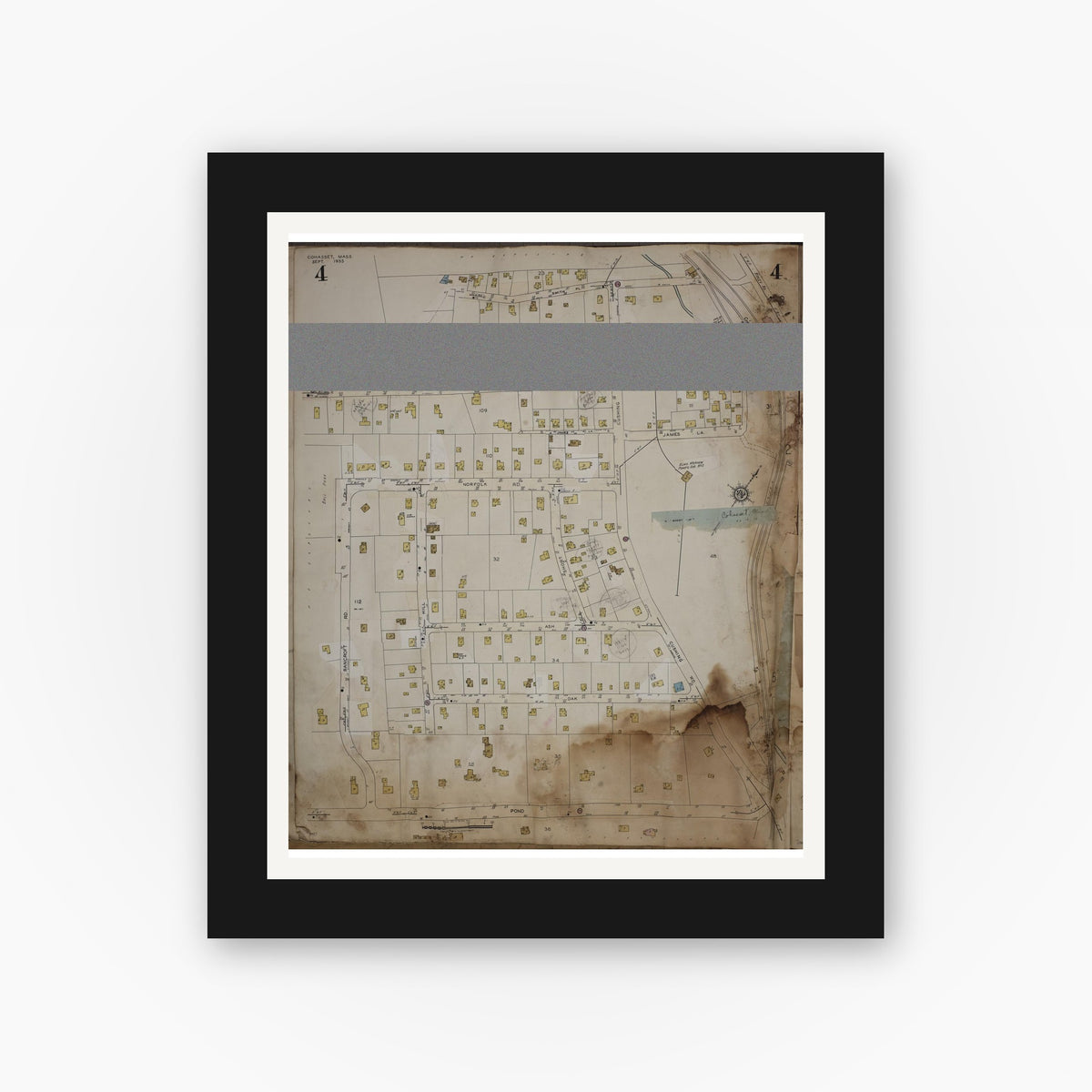Old map wall art mockup — black gallery frame with white mat — Sanborn Fire Insurance Map from Cohasset, Norfolk County, Massachusetts (1963), Sheet #0004