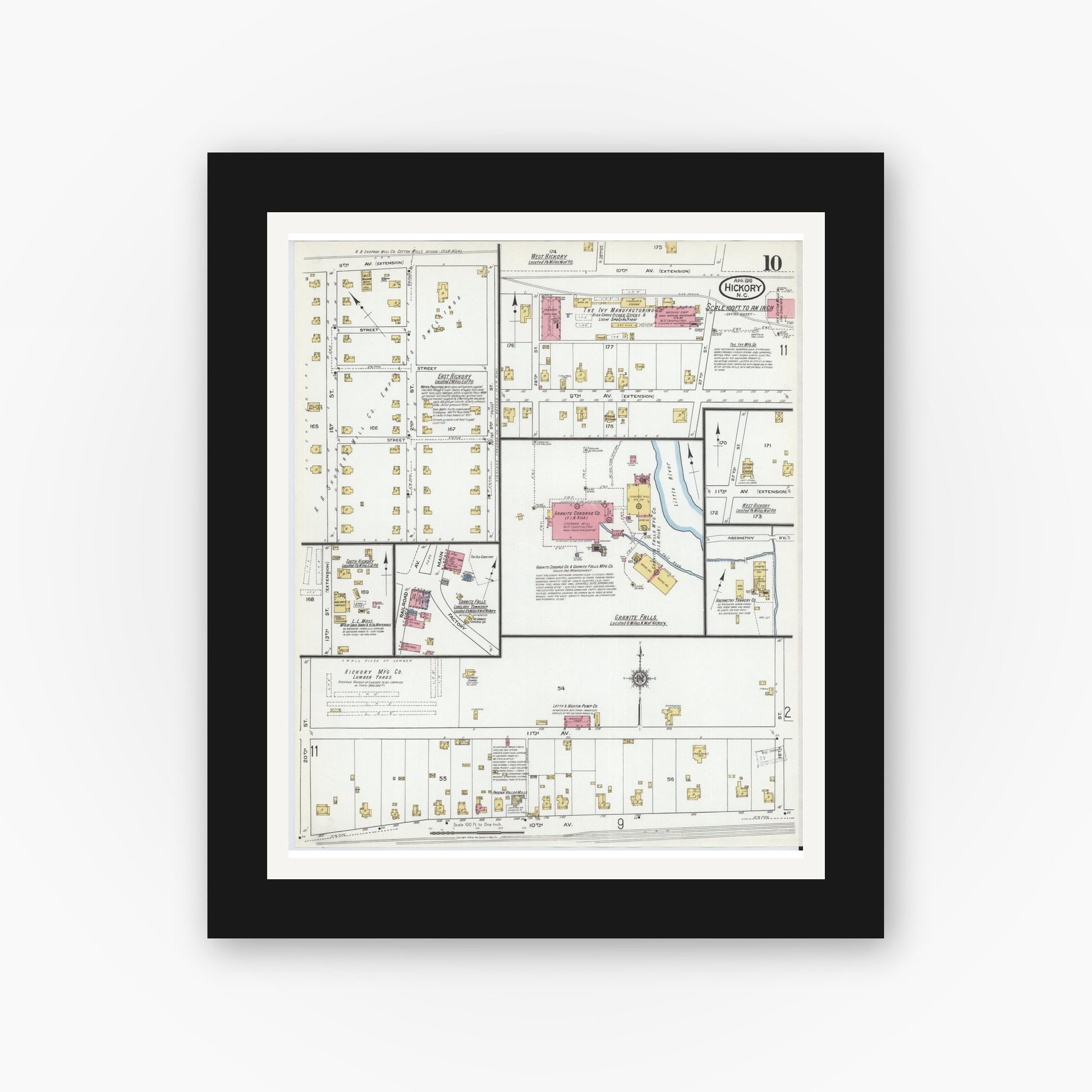 Old map wall art mockup — black gallery frame with white mat — Sanborn Fire Insurance Map from Hickory, Catawba County, North Carolina (1919), Sheet #0010