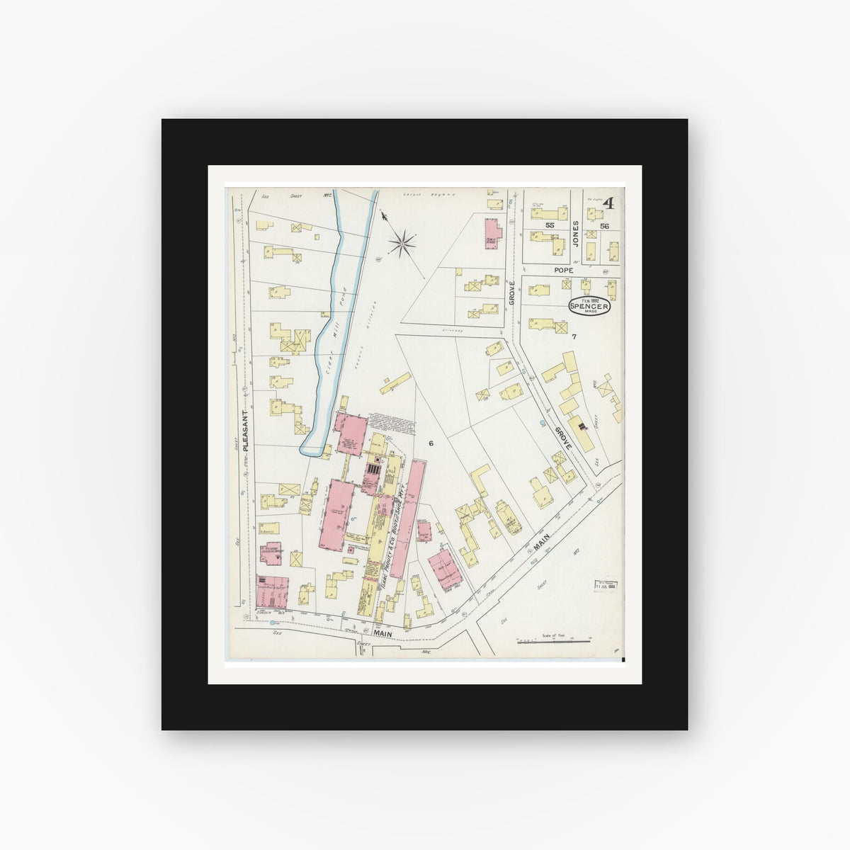 Old map wall art mockup — black gallery frame with white mat — Sanborn Fire Insurance Map from Spencer, Worcester County, Massachusetts (1892), Sheet #0004