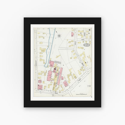 Old map wall art mockup — black gallery frame with white mat — Sanborn Fire Insurance Map from Spencer, Worcester County, Massachusetts (1892), Sheet #0004
