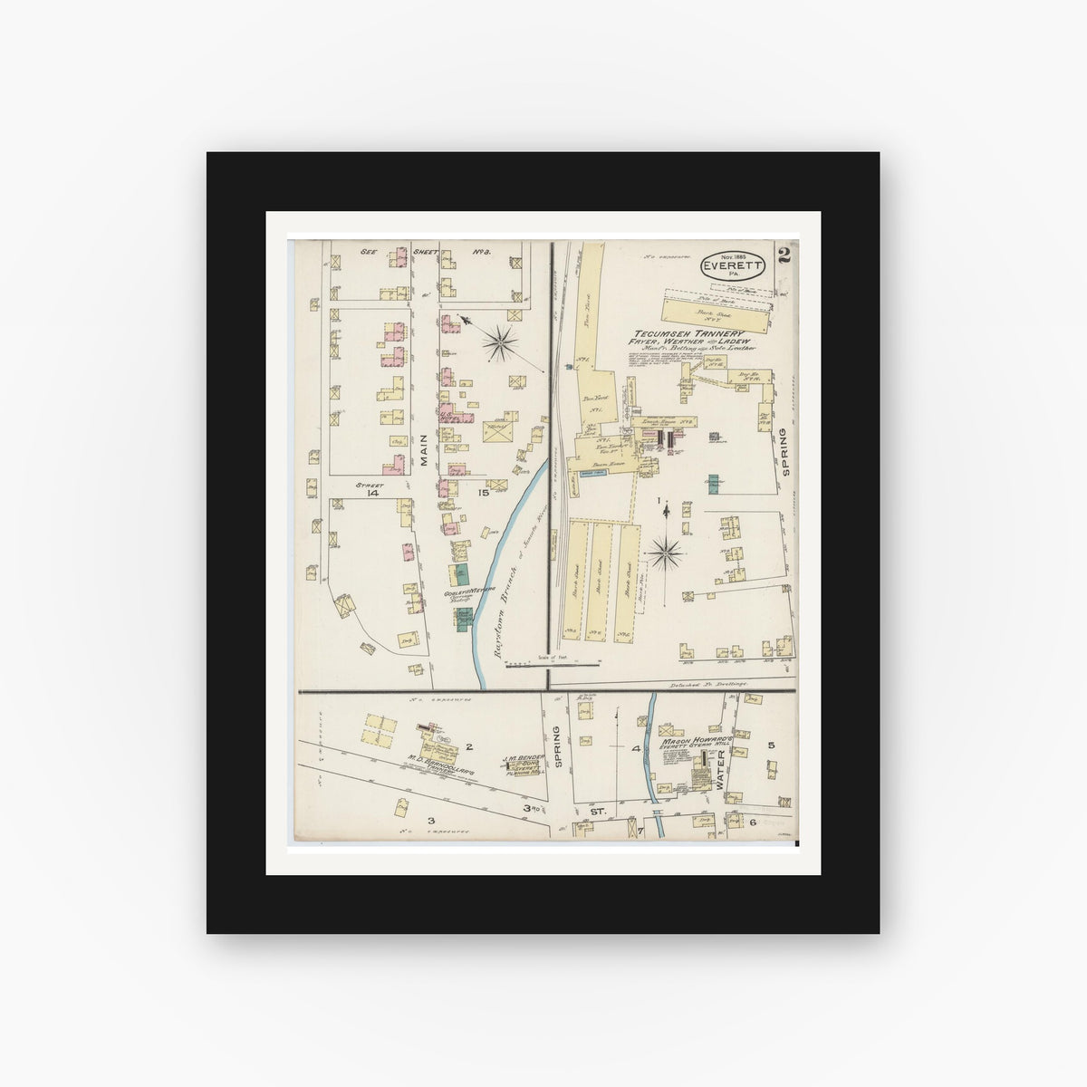 Old map wall art mockup — black gallery frame with white mat — Sanborn Fire Insurance Map from Everett, Bedford County, Pennsylvania (1885), Sheet #0002