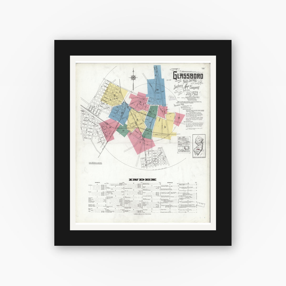 Old map wall art mockup — black gallery frame with white mat — Sanborn Fire Insurance Map from Glassboro, Gloucester County, New Jersey (1923) - Complete Map Set