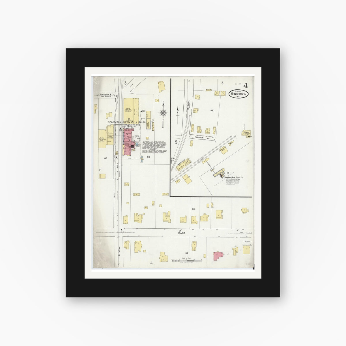 Old map wall art mockup — black gallery frame with white mat — Sanborn Fire Insurance Map from Henderson, Rusk County, Texas (1919), Sheet #0004