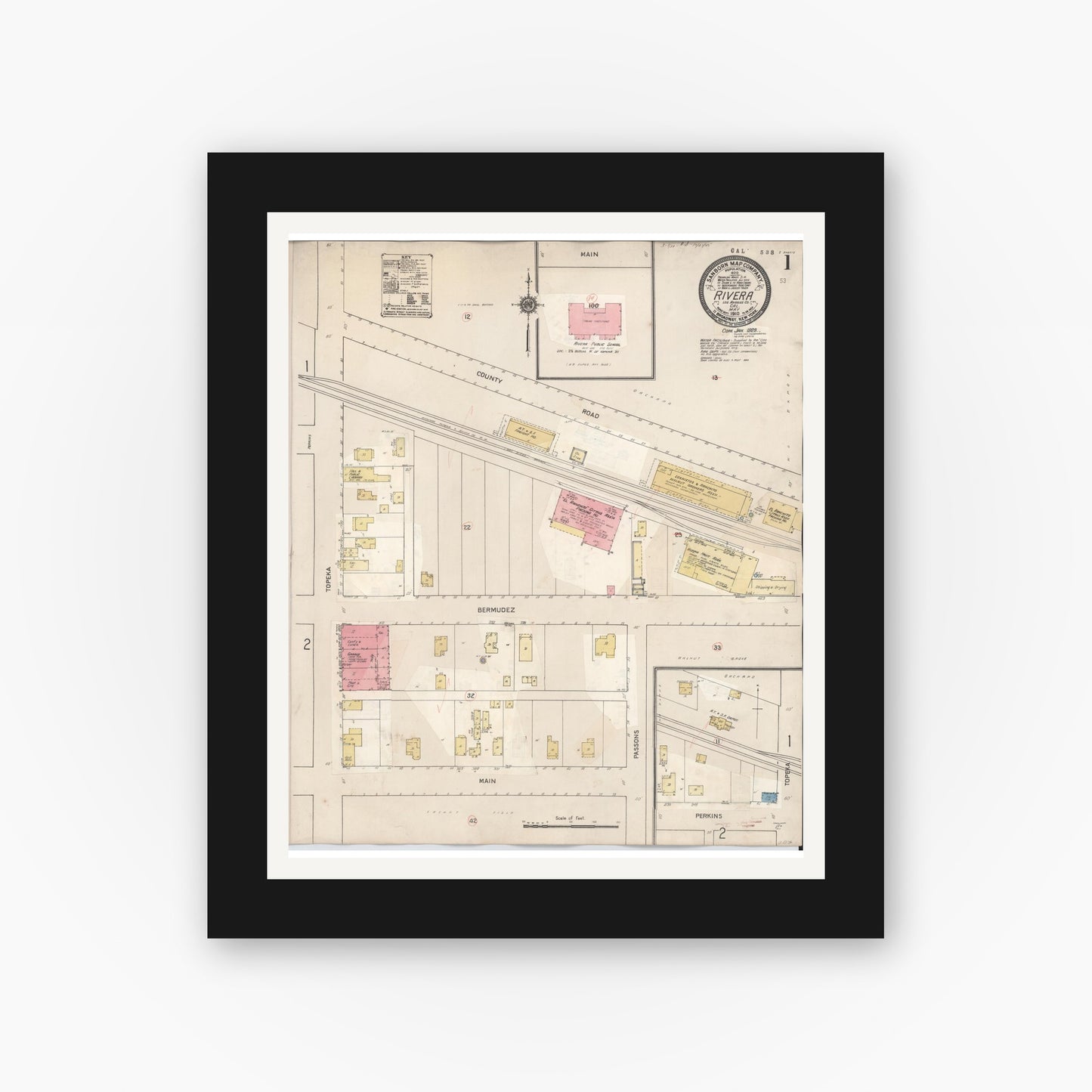Old map wall art mockup — black gallery frame with white mat — Sanborn Fire Insurance Map from Rivera, Los Angeles County, California (1929) - Complete Map Set