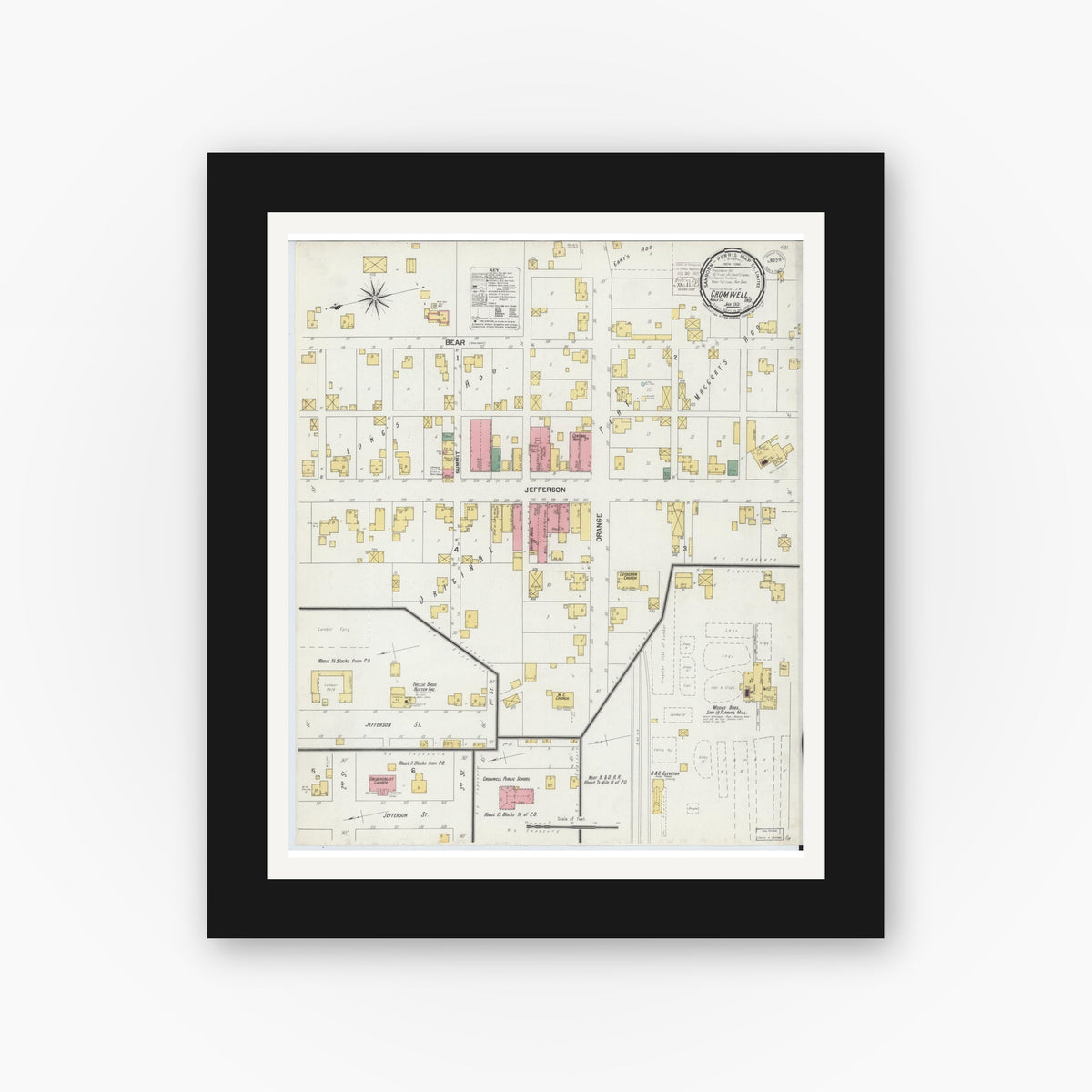 Old map wall art mockup — black gallery frame with white mat — Sanborn Fire Insurance Map from Cromwell, Noble County, Indiana (1901), Sheet #0001