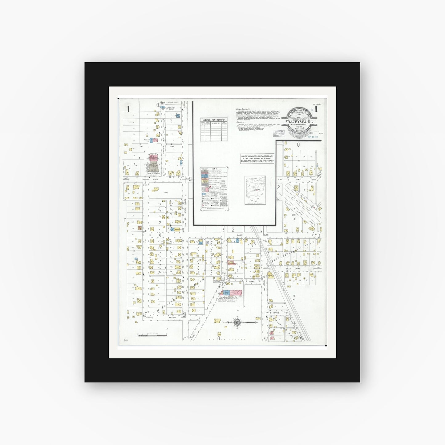 Old map wall art mockup — black gallery frame with white mat — Sanborn Fire Insurance Map from Frazeysburg, Muskingum County, Ohio (1950) - Complete Map Set