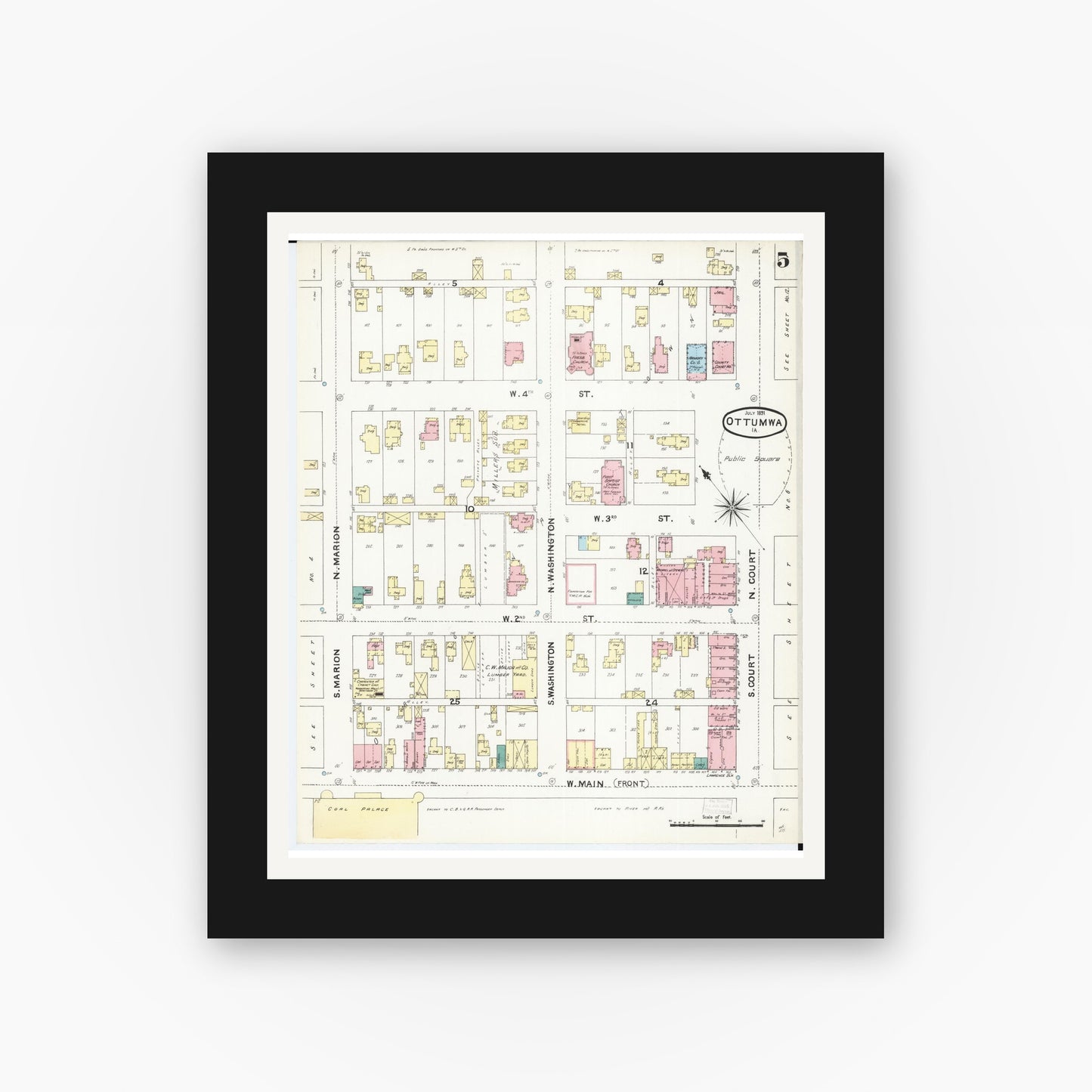 Old map wall art mockup — black gallery frame with white mat — Sanborn Fire Insurance Map from Ottumwa, Wapello County, Iowa (1891), Sheet #0005