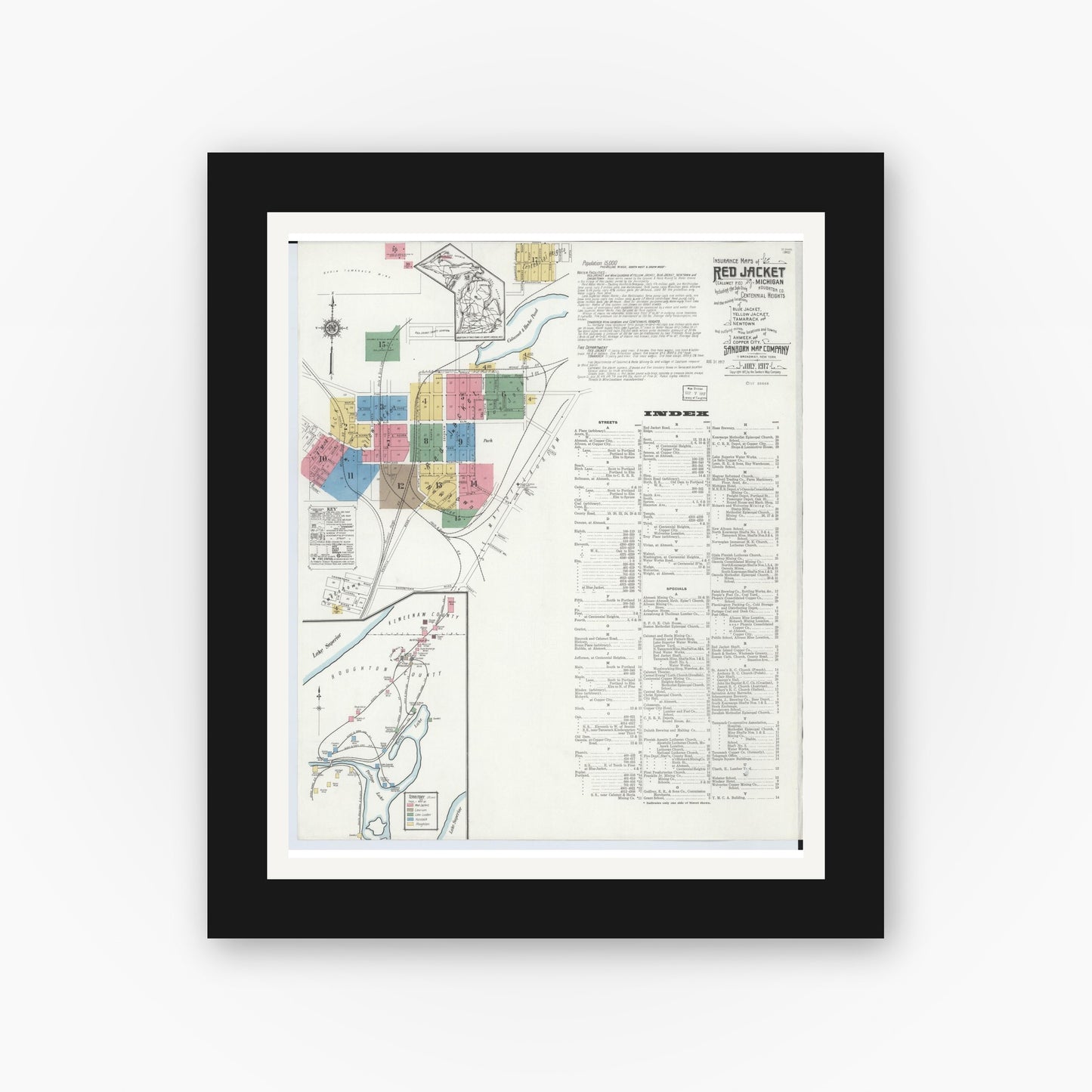 Old map wall art mockup — black gallery frame with white mat — Sanborn Fire Insurance Map from Red Jacket, Houghton County, Michigan (1917) - Complete Map Set