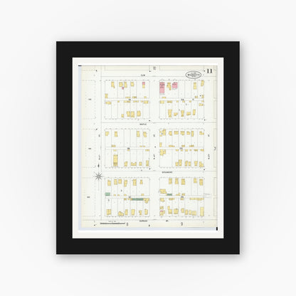 Old map wall art mockup — black gallery frame with white mat — Sanborn Fire Insurance Map from Wyandotte, Wayne County, Michigan (1900), Sheet #0011