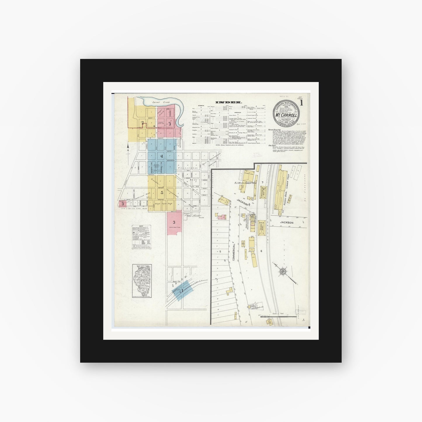 Old map wall art mockup — black gallery frame with white mat — Sanborn Fire Insurance Map from Mount Carroll, Carroll County, Illinois (1912), Sheet #0001