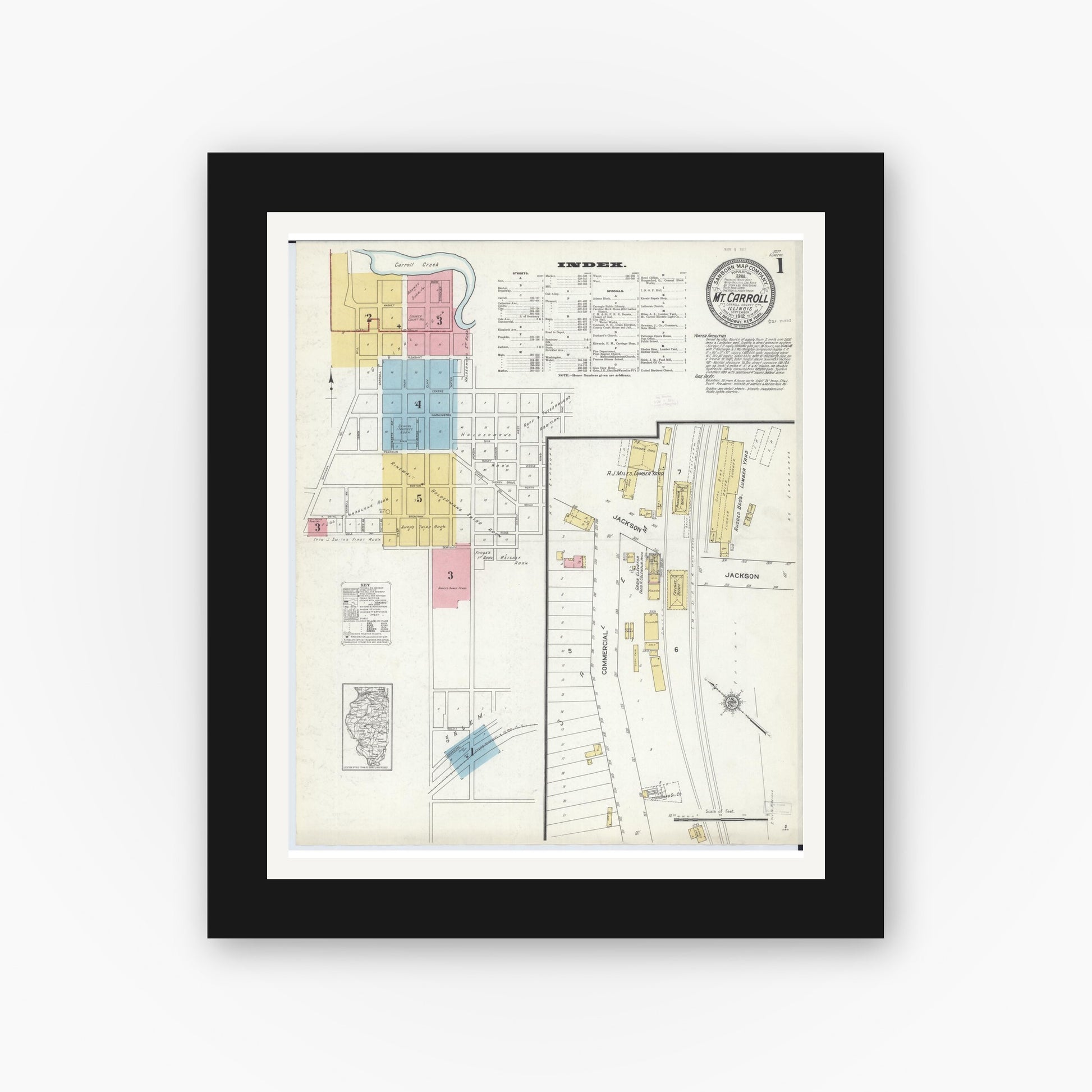 Old map wall art mockup — black gallery frame with white mat — Sanborn Fire Insurance Map from Mount Carroll, Carroll County, Illinois (1912), Sheet #0001