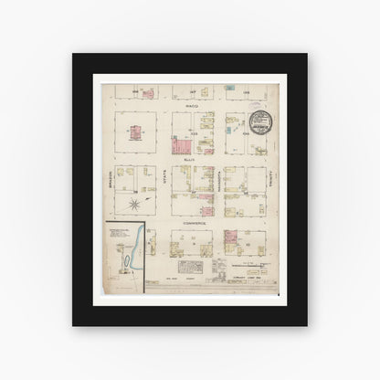 Old map wall art mockup — black gallery frame with white mat — Sanborn Fire Insurance Map from Groesbeck, Limestone County, Texas (1885), Sheet #0001