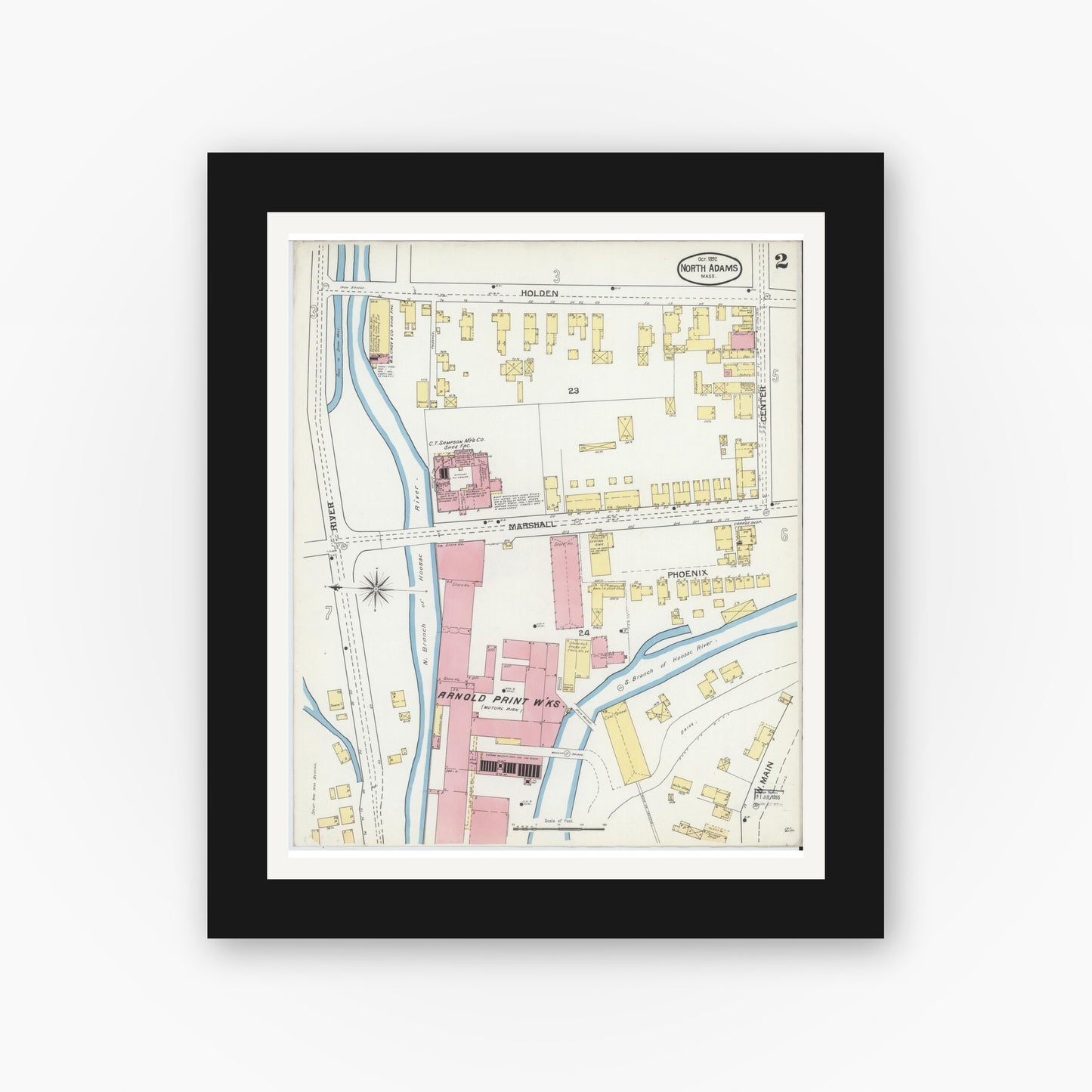 Old map wall art mockup — black gallery frame with white mat — Sanborn Fire Insurance Map from North Adams, Berkshire County, Massachusetts (1892), Sheet #0002
