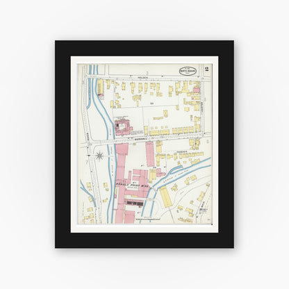 Old map wall art mockup — black gallery frame with white mat — Sanborn Fire Insurance Map from North Adams, Berkshire County, Massachusetts (1892), Sheet #0002