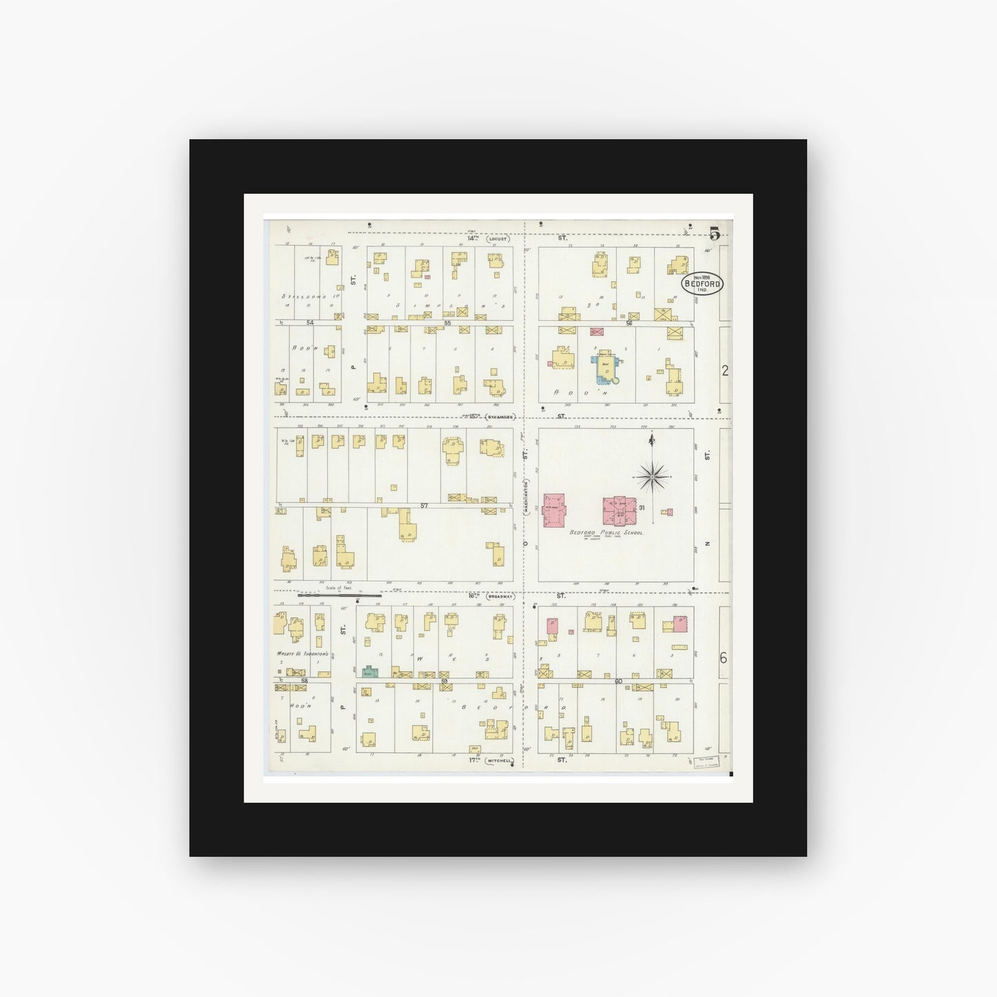 Old map wall art mockup — black gallery frame with white mat — Sanborn Fire Insurance Map from Bedford, Lawrence County, Indiana (1898), Sheet #0005