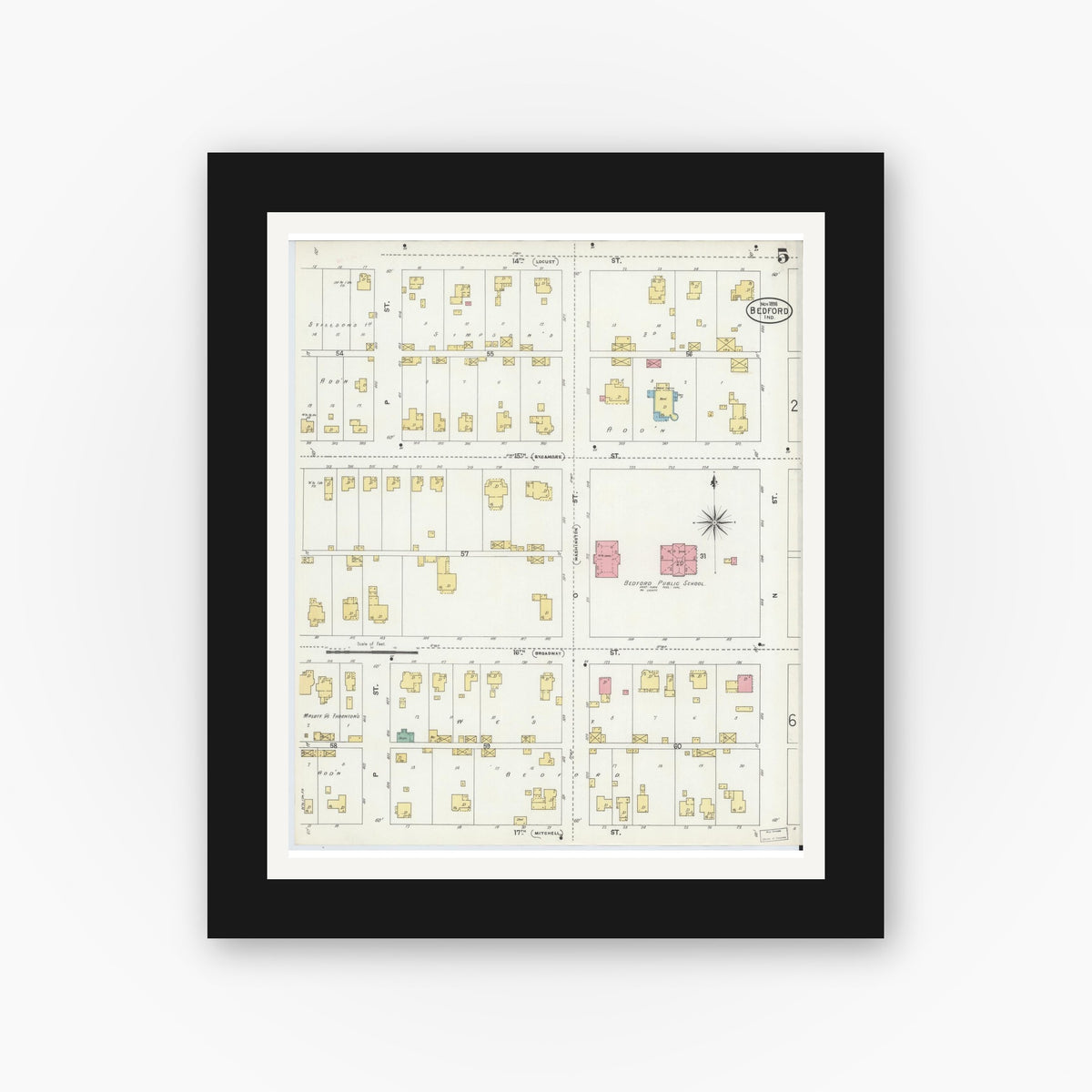 Old map wall art mockup — black gallery frame with white mat — Sanborn Fire Insurance Map from Bedford, Lawrence County, Indiana (1898), Sheet #0005