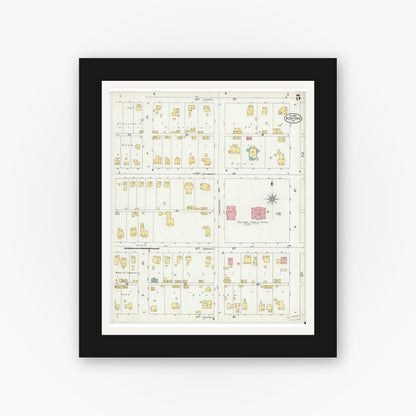 Old map wall art mockup — black gallery frame with white mat — Sanborn Fire Insurance Map from Bedford, Lawrence County, Indiana (1898), Sheet #0005