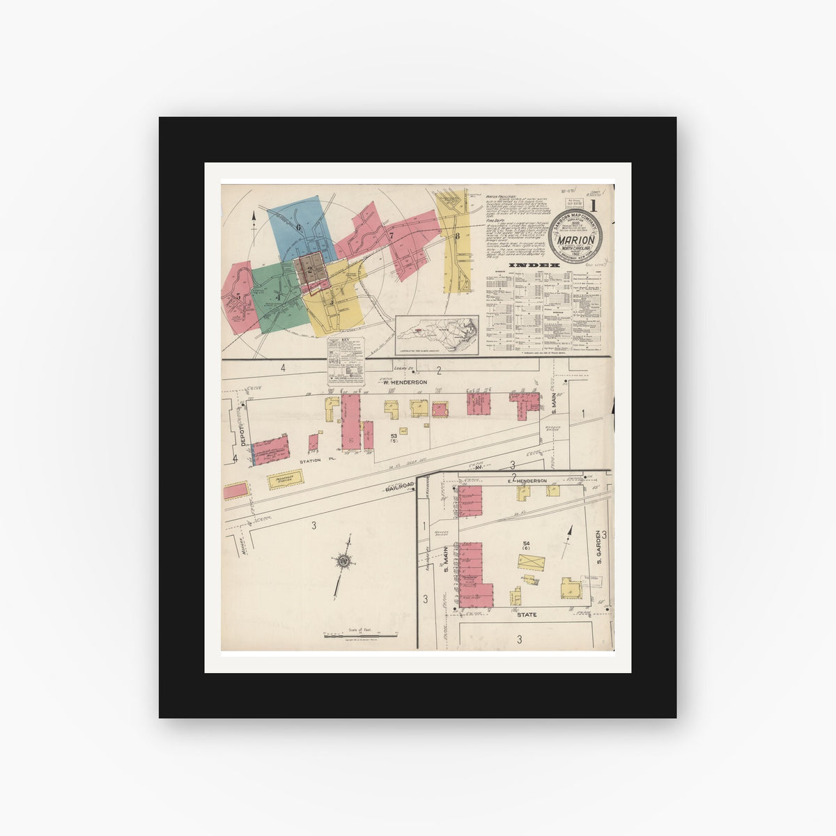 Old map wall art mockup — black gallery frame with white mat — Sanborn Fire Insurance Map from Marion, Mcdowell County, North Carolina (1922) - Complete Map Set