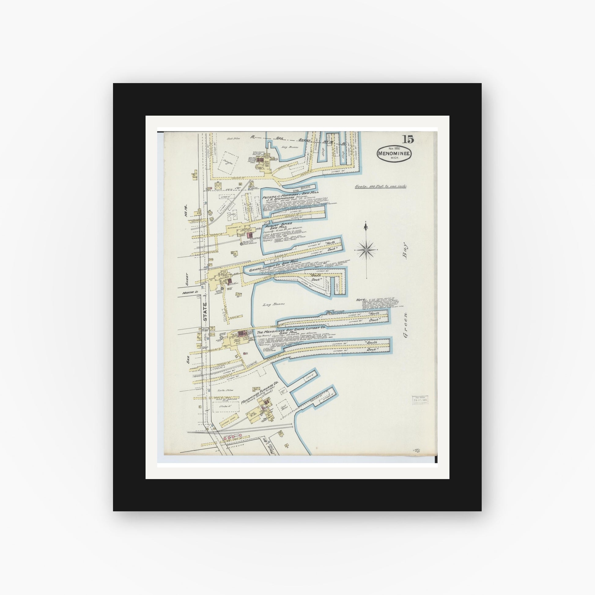 Old map wall art mockup — black gallery frame with white mat — Sanborn Fire Insurance Map from Menominee, Menominee County, Michigan (1890), Sheet #0015