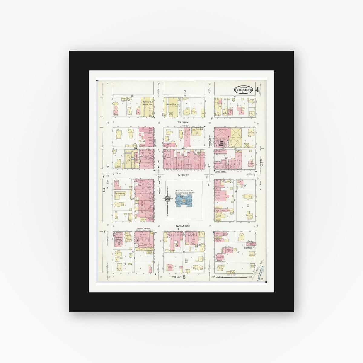 Old map wall art mockup — black gallery frame with white mat — Sanborn Fire Insurance Map from Petersburg, Menard County, Illinois (1914), Sheet #0004