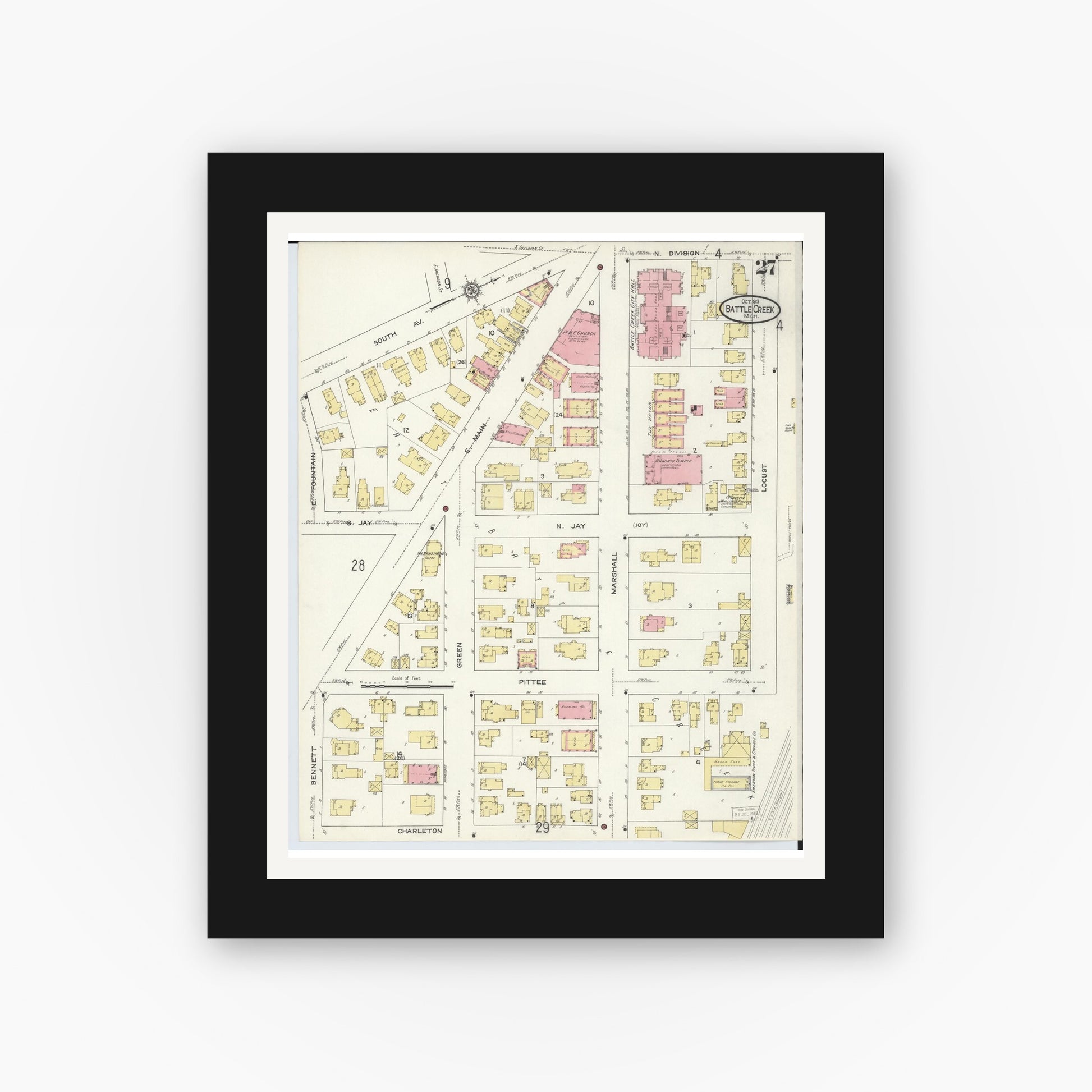 Old map wall art mockup — black gallery frame with white mat — Sanborn Fire Insurance Map from Battle Creek, Calhoun County, Michigan (1913), Sheet #0027