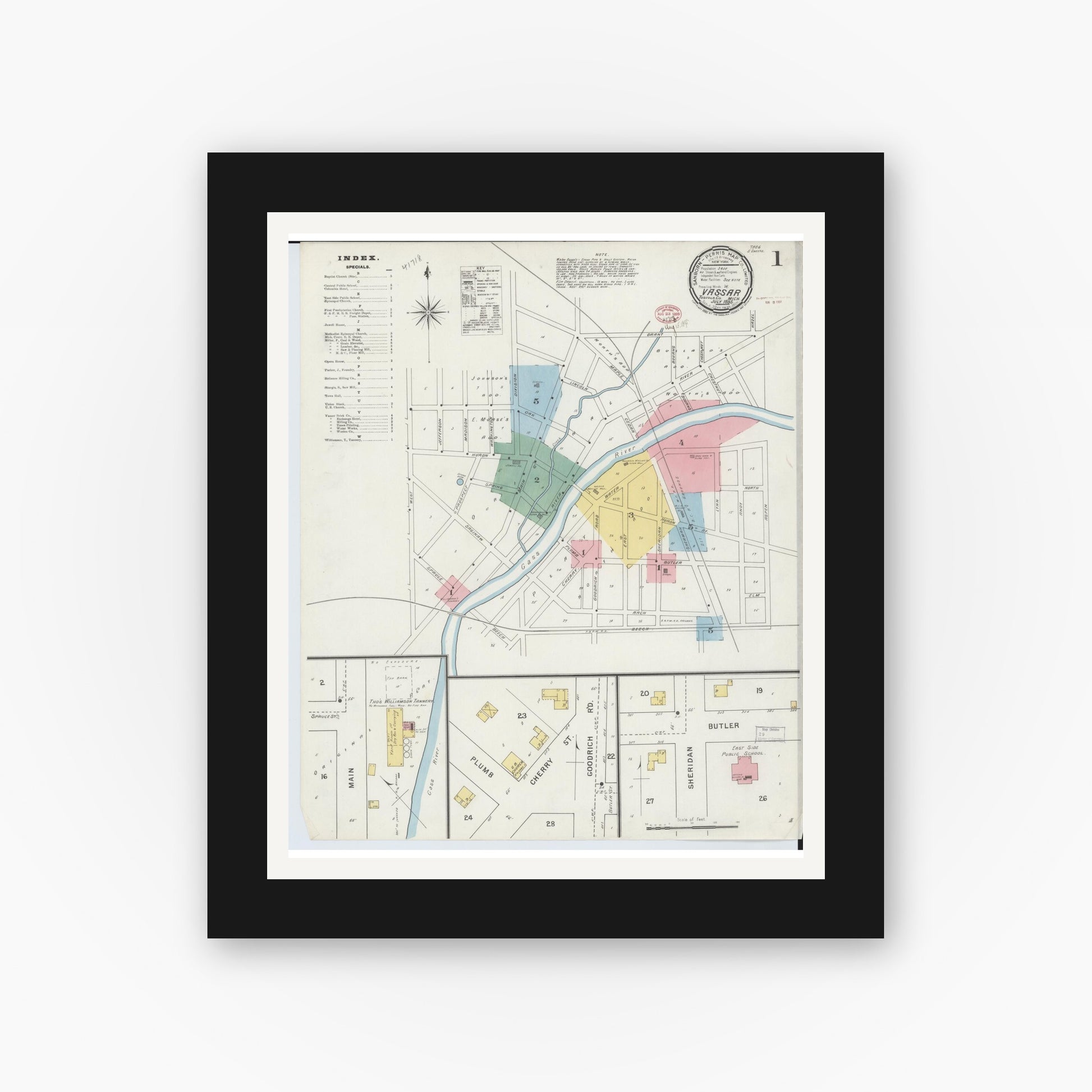Old map wall art mockup — black gallery frame with white mat — Sanborn Fire Insurance Map from Vassar, Tuscola County, Michigan (1895) - Complete Map Set