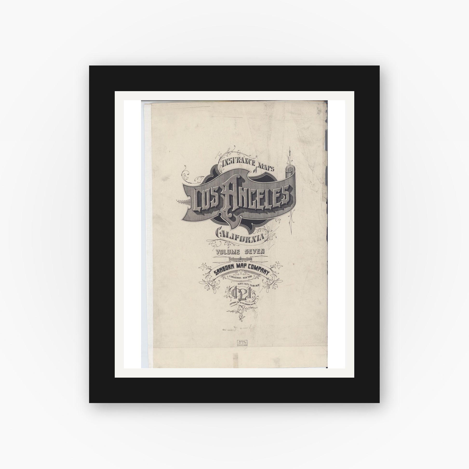 Old map wall art mockup — black gallery frame with white mat — Sanborn Fire Insurance Map from Los Angeles, Los Angeles County, California (1921), Sheet #0001