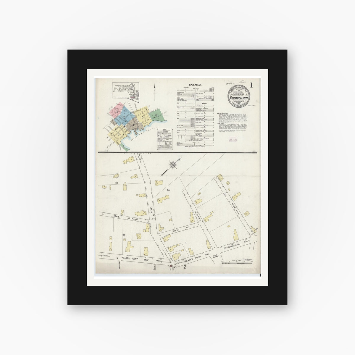 Old map wall art mockup — black gallery frame with white mat — Sanborn Fire Insurance Map from Edgartown, Dukes County, Massachusetts (1914) - Complete Map Set