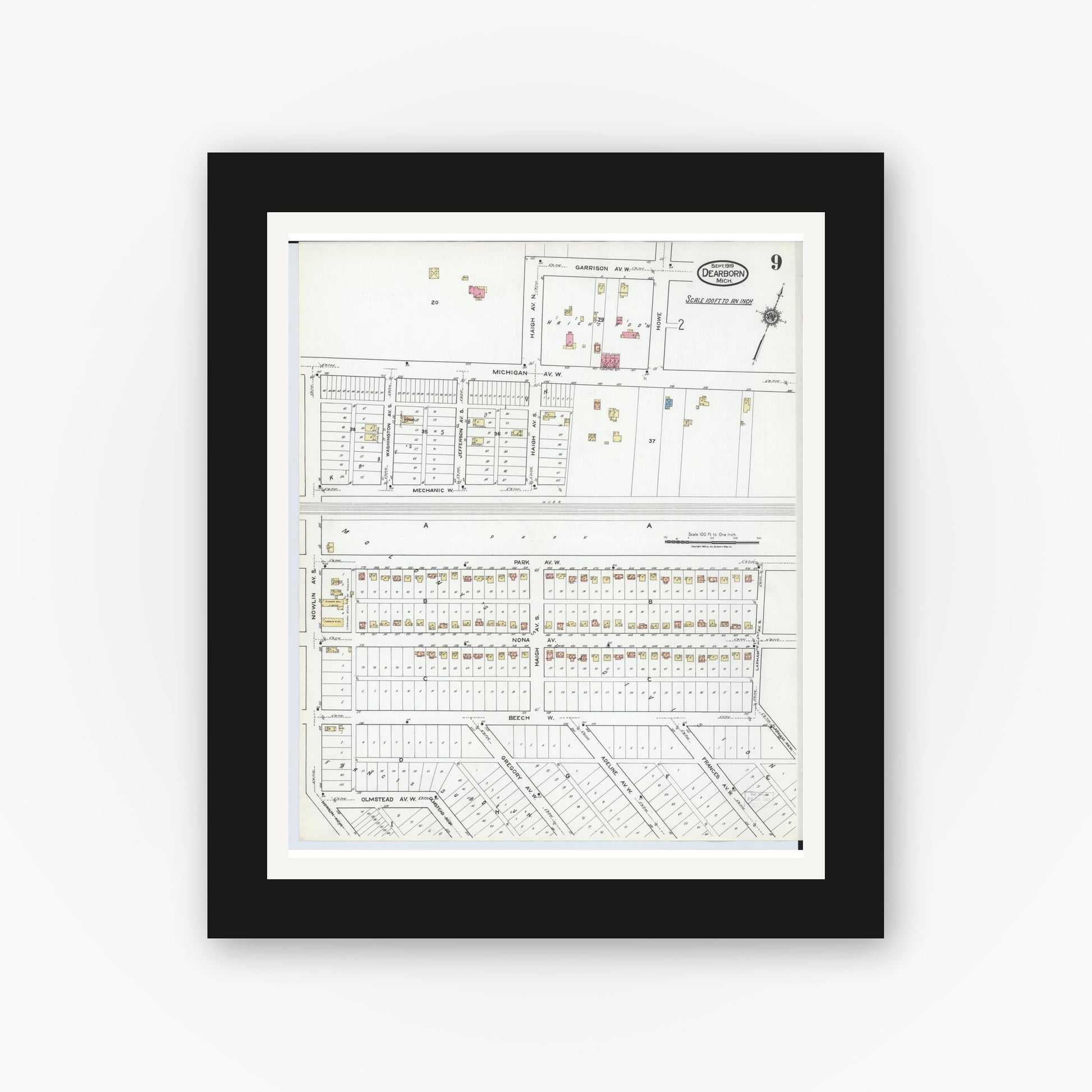 Old map wall art mockup — black gallery frame with white mat — Sanborn Fire Insurance Map from Dearborn, Wayne County, Michigan (1919), Sheet #0009