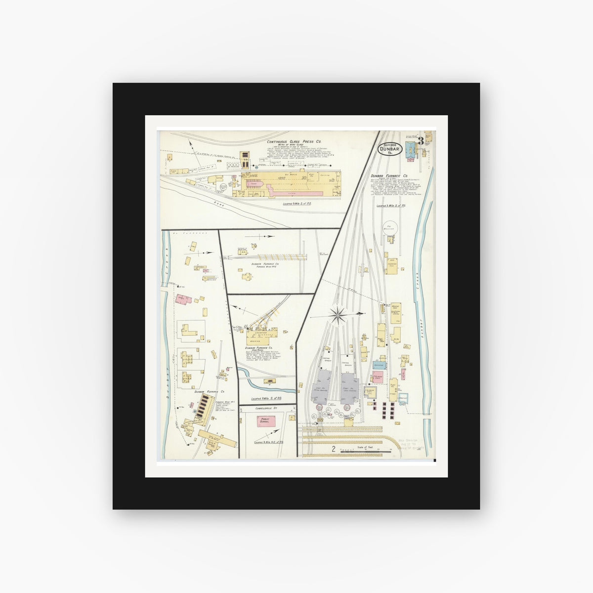 Old map wall art mockup — black gallery frame with white mat — Sanborn Fire Insurance Map from Dunbar, Fayette County, Pennsylvania (1908), Sheet #0003
