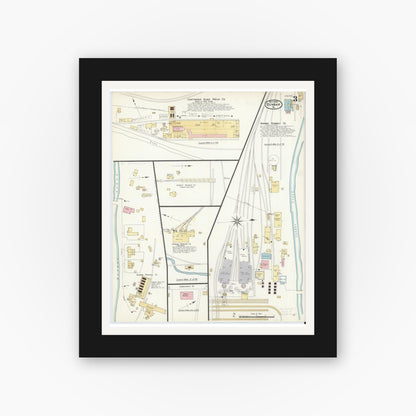 Old map wall art mockup — black gallery frame with white mat — Sanborn Fire Insurance Map from Dunbar, Fayette County, Pennsylvania (1908), Sheet #0003