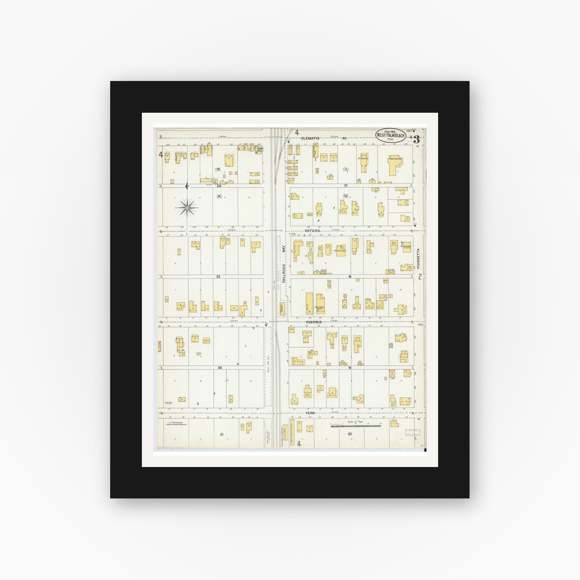 Old map wall art mockup — black gallery frame with white mat — Sanborn Fire Insurance Map from West Palm Beach, Dade County, Florida (1903), Sheet #0003
