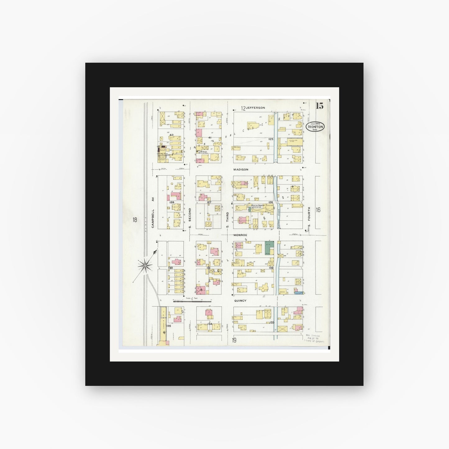 Old map wall art mockup — black gallery frame with white mat — Sanborn Fire Insurance Map from Ironton, Lawrence County, Ohio (1909), Sheet #0015
