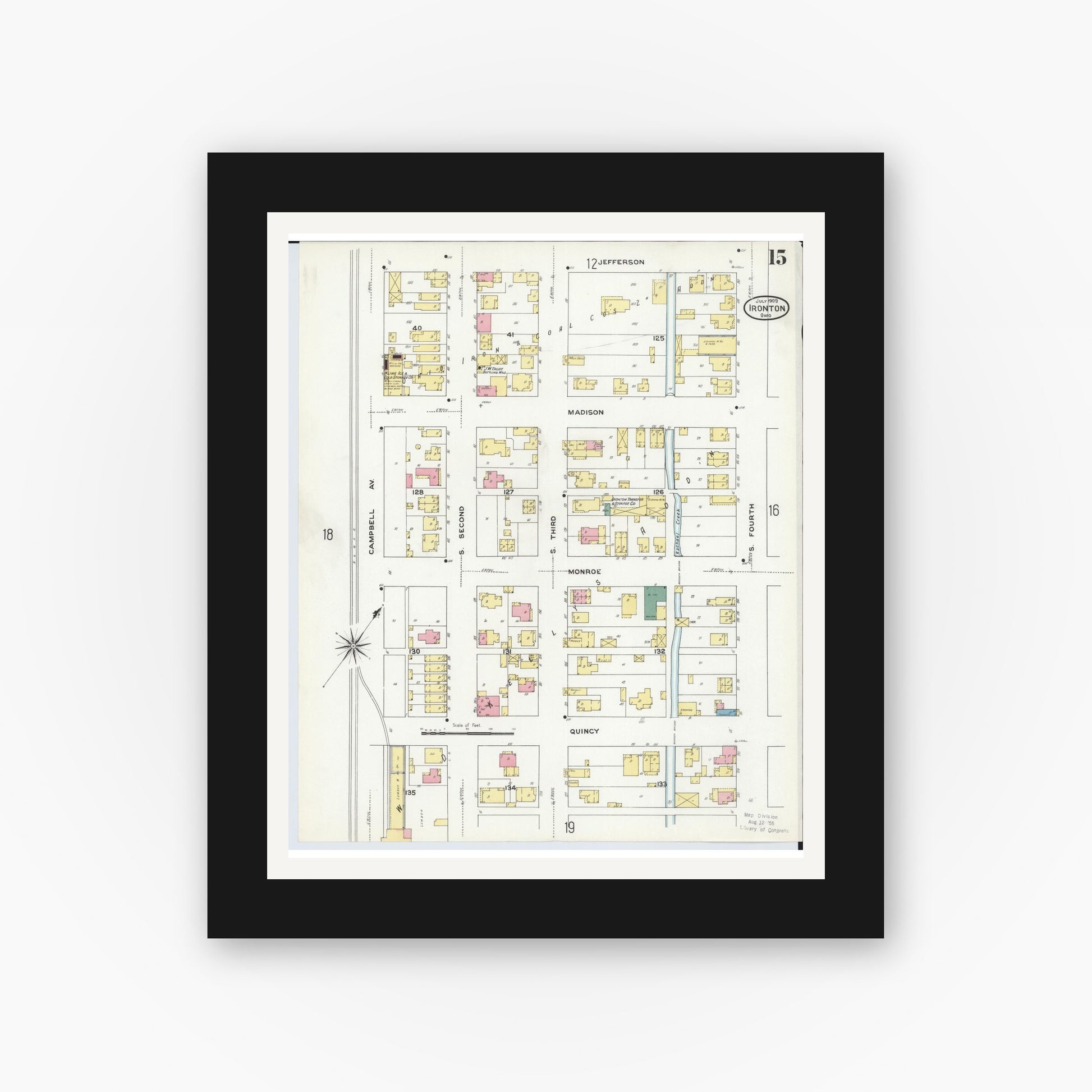 Old map wall art mockup — black gallery frame with white mat — Sanborn Fire Insurance Map from Ironton, Lawrence County, Ohio (1909), Sheet #0015