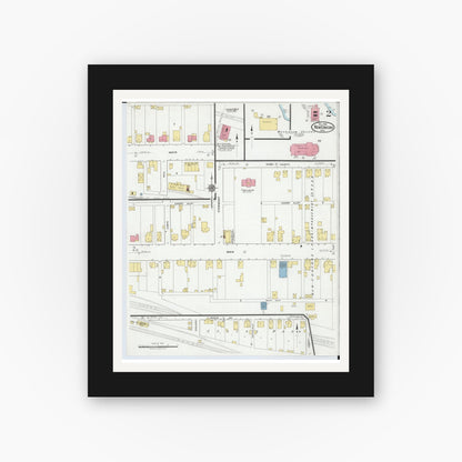 Old map wall art mockup — black gallery frame with white mat — Sanborn Fire Insurance Map from New Concord, Muskingum County, Ohio (1918), Sheet #0002