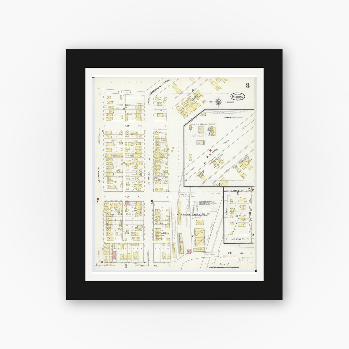 Old map wall art mockup — black gallery frame with white mat — Sanborn Fire Insurance Map from Hibbing, Saint Louis County, Minnesota (1913), Sheet #0008