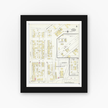 Old map wall art mockup — black gallery frame with white mat — Sanborn Fire Insurance Map from Hibbing, Saint Louis County, Minnesota (1913), Sheet #0008