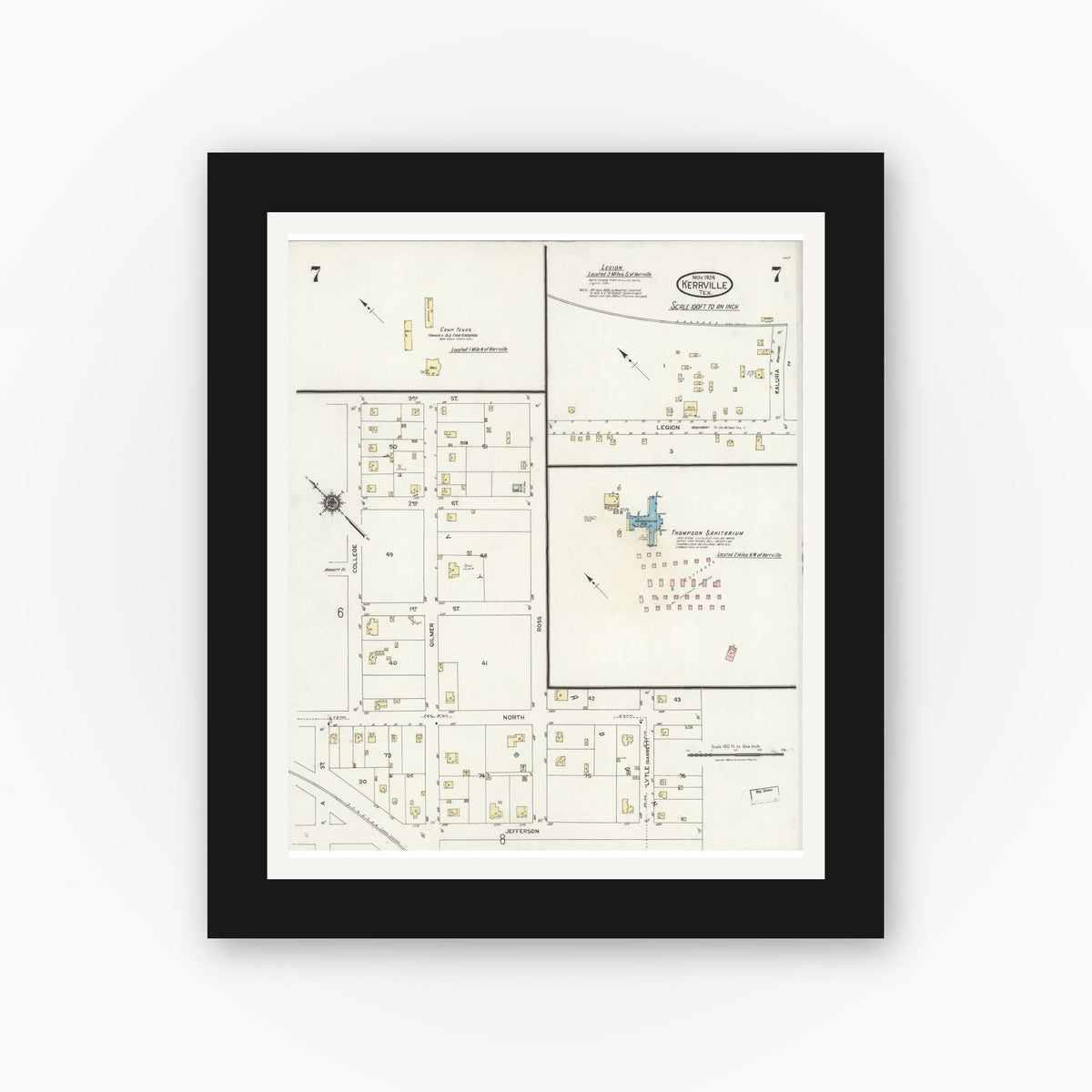 Old map wall art mockup — black gallery frame with white mat — Sanborn Fire Insurance Map from Kerrville, Kerr County, Texas (1924), Sheet #0007