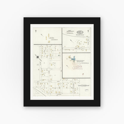 Old map wall art mockup — black gallery frame with white mat — Sanborn Fire Insurance Map from Kerrville, Kerr County, Texas (1924), Sheet #0007