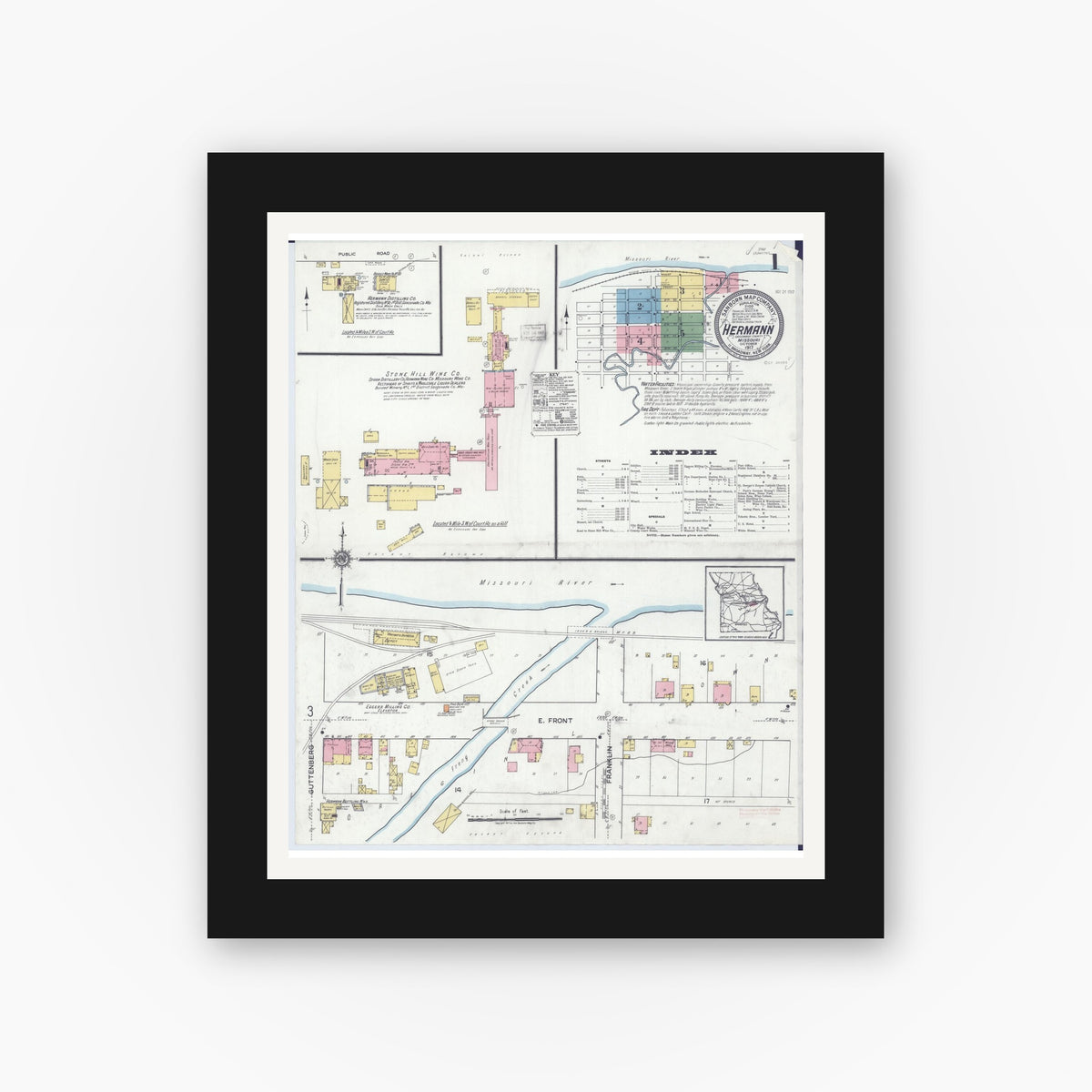 Old map wall art mockup — black gallery frame with white mat — Sanborn Fire Insurance Map from Hermann, Gasconade County, Missouri (1917) - Complete Map Set