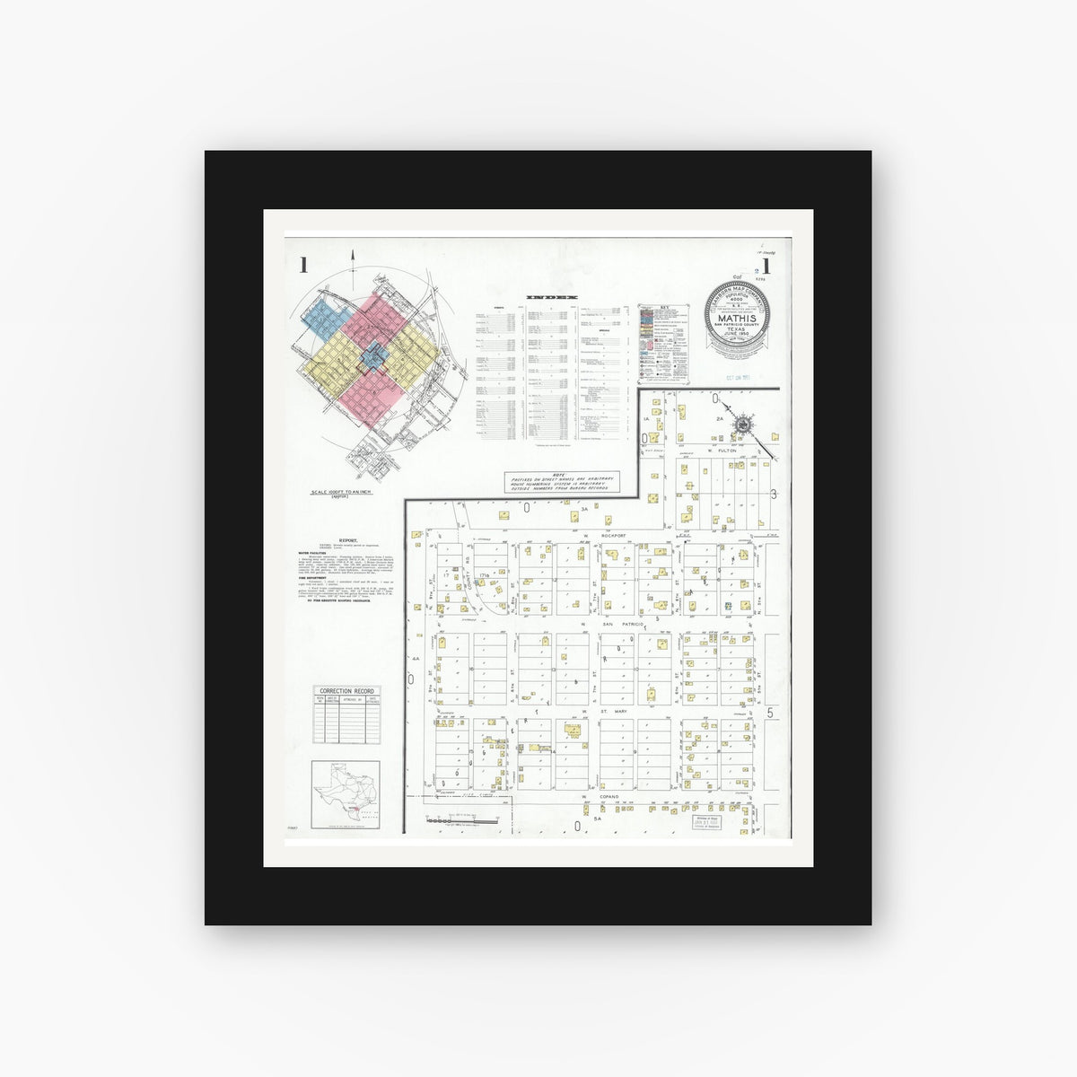 Old map wall art mockup — black gallery frame with white mat — Sanborn Fire Insurance Map from Mathis, San Patricio County, Texas (1950) - Complete Map Set