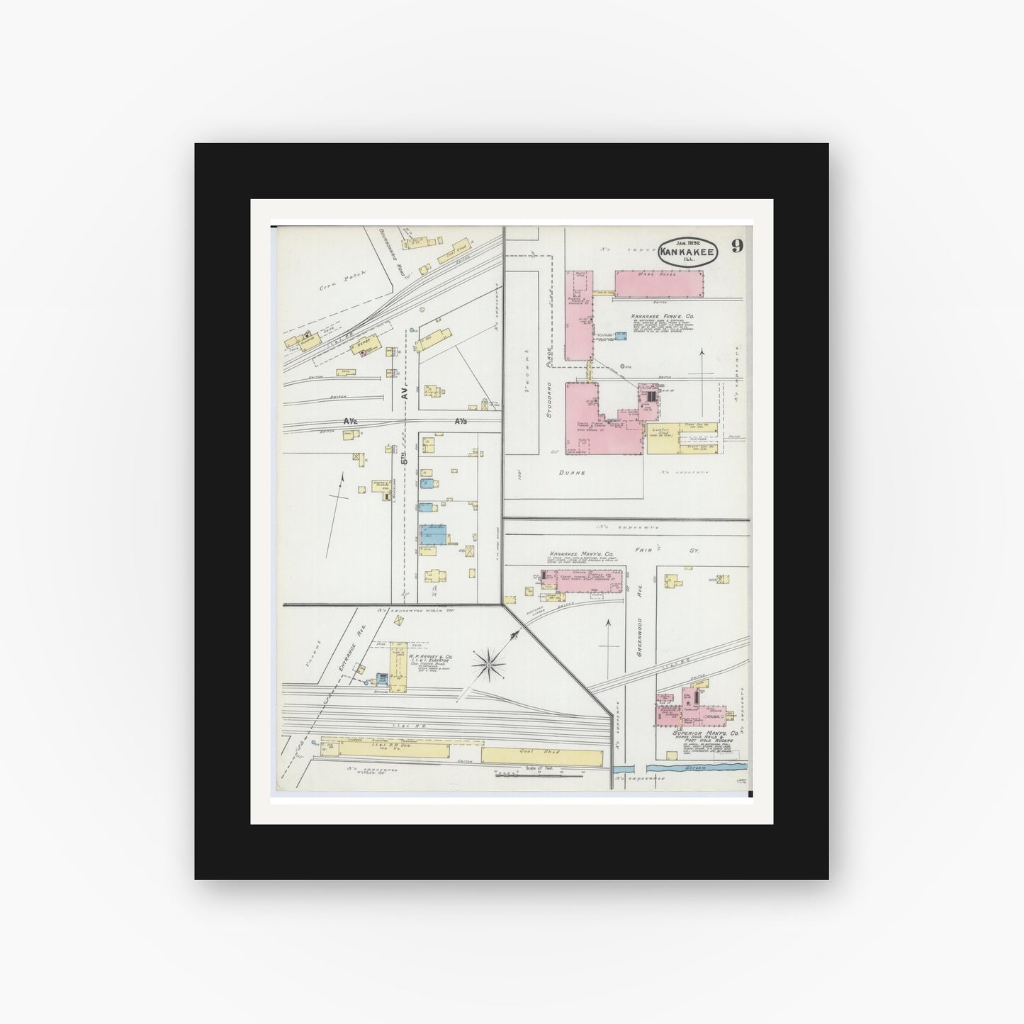 Old map wall art mockup — black gallery frame with white mat — Sanborn Fire Insurance Map from Kankakee, Kankakee County, Illinois (1892), Sheet #0009