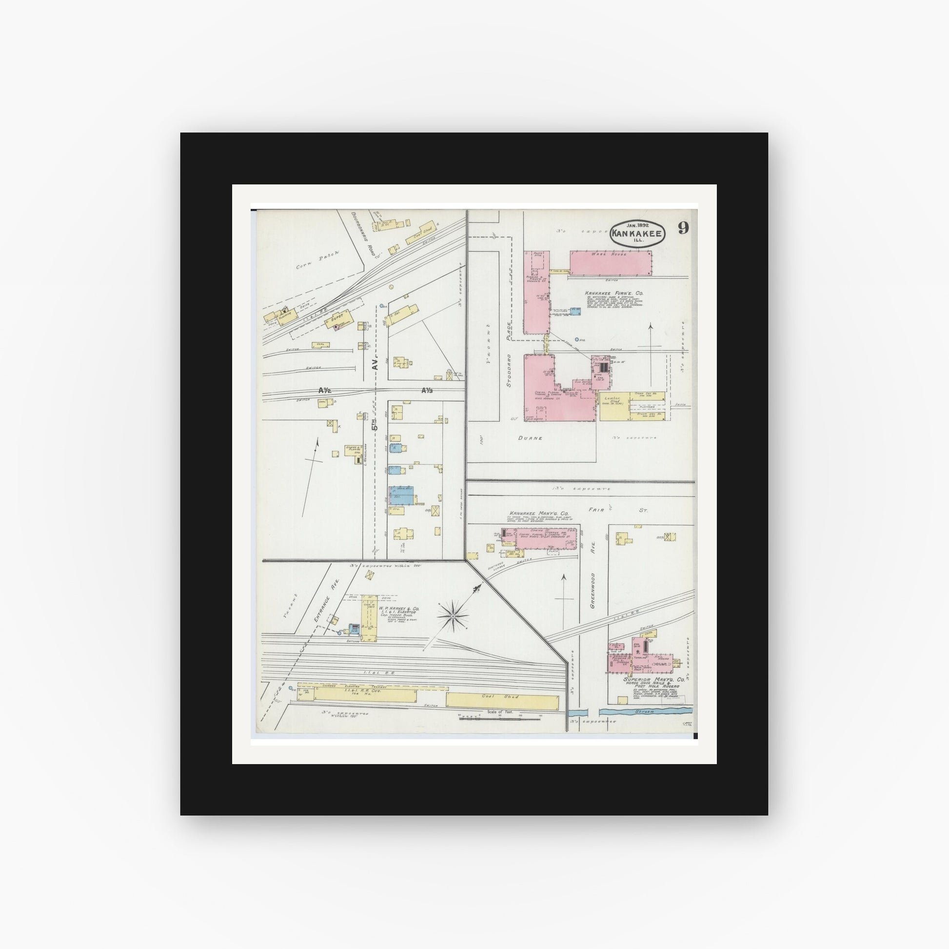 Old map wall art mockup — black gallery frame with white mat — Sanborn Fire Insurance Map from Kankakee, Kankakee County, Illinois (1892), Sheet #0009