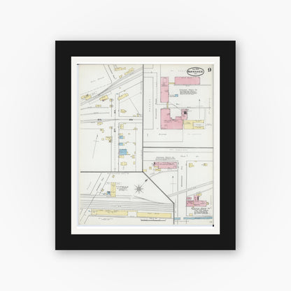 Old map wall art mockup — black gallery frame with white mat — Sanborn Fire Insurance Map from Kankakee, Kankakee County, Illinois (1892), Sheet #0009