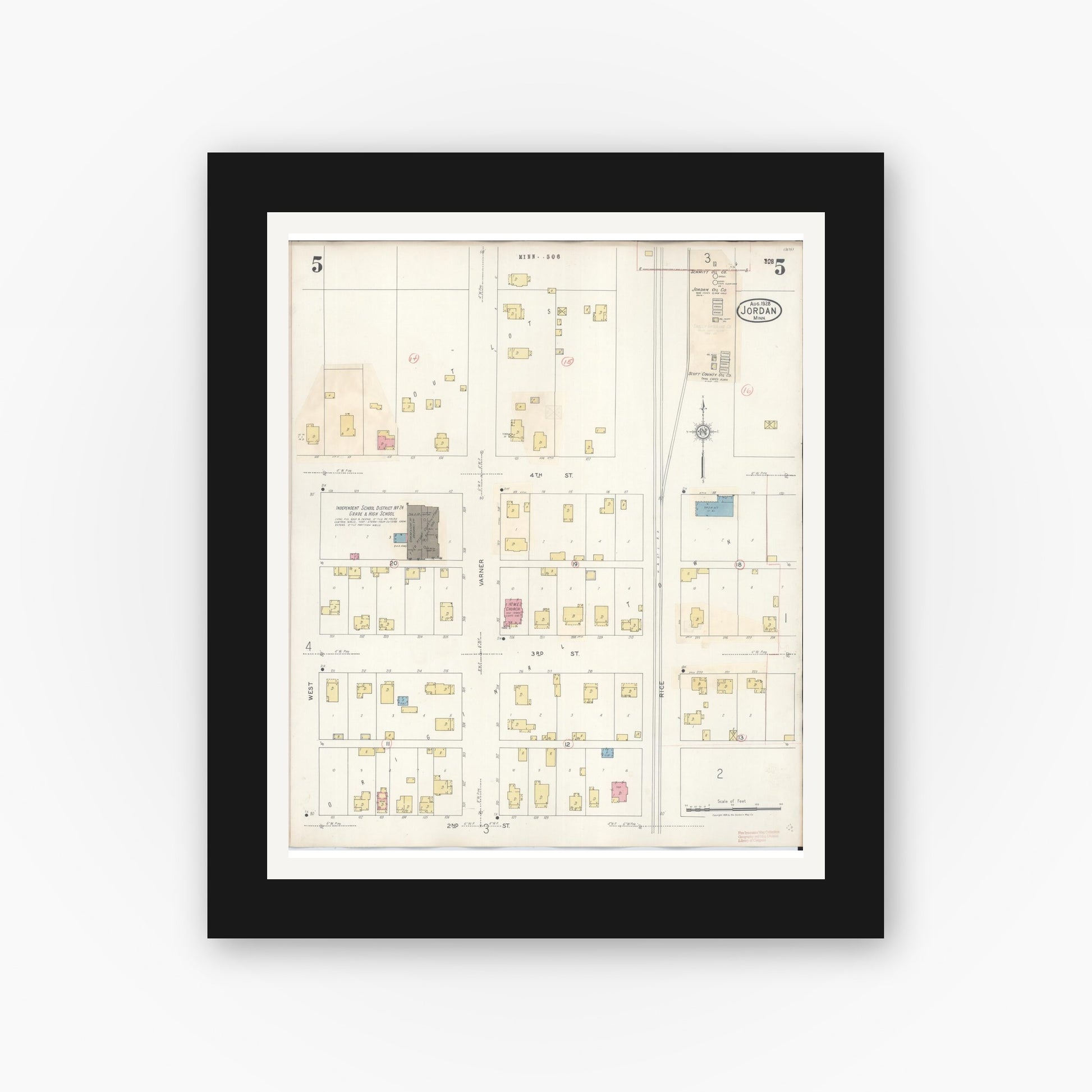 Old map wall art mockup — black gallery frame with white mat — Sanborn Fire Insurance Map from Jordan, Scott County, Minnesota (1933), Sheet #0005