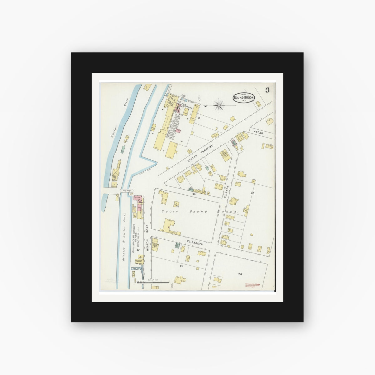 Old map wall art mockup — black gallery frame with white mat — Sanborn Fire Insurance Map from Bound Brook, Somerset County, New Jersey (1895), Sheet #0003